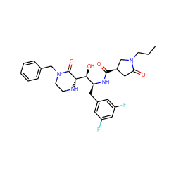 CCCN1C[C@H](C(=O)N[C@@H](Cc2cc(F)cc(F)c2)[C@H](O)[C@@H]2NCCN(Cc3ccccc3)C2=O)CC1=O ZINC000049878176