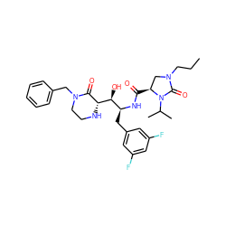 CCCN1C[C@H](C(=O)N[C@@H](Cc2cc(F)cc(F)c2)[C@H](O)[C@@H]2NCCN(Cc3ccccc3)C2=O)N(C(C)C)C1=O ZINC000042834396