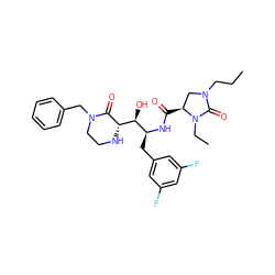 CCCN1C[C@H](C(=O)N[C@@H](Cc2cc(F)cc(F)c2)[C@H](O)[C@@H]2NCCN(Cc3ccccc3)C2=O)N(CC)C1=O ZINC000049878083