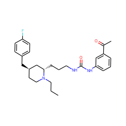 CCCN1CC[C@@H](Cc2ccc(F)cc2)C[C@@H]1CCCNC(=O)Nc1cccc(C(C)=O)c1 ZINC000034013486