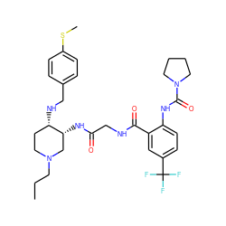 CCCN1CC[C@H](NCc2ccc(SC)cc2)[C@H](NC(=O)CNC(=O)c2cc(C(F)(F)F)ccc2NC(=O)N2CCCC2)C1 ZINC000044307852