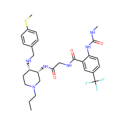 CCCN1CC[C@H](NCc2ccc(SC)cc2)[C@H](NC(=O)CNC(=O)c2cc(C(F)(F)F)ccc2NC(=O)NC)C1 ZINC000042803653