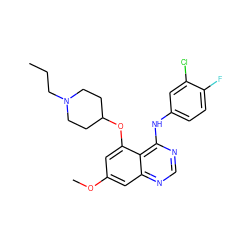 CCCN1CCC(Oc2cc(OC)cc3ncnc(Nc4ccc(F)c(Cl)c4)c23)CC1 ZINC000028572158