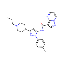 CCCN1CCC(c2cc(NC(=O)c3cnn4cccnc34)n(-c3ccc(C)cc3)n2)CC1 ZINC000142460133