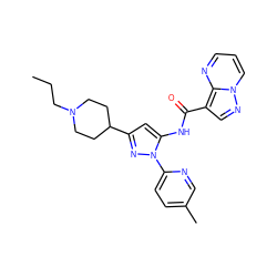 CCCN1CCC(c2cc(NC(=O)c3cnn4cccnc34)n(-c3ccc(C)cn3)n2)CC1 ZINC000204782006