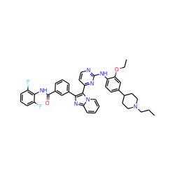 CCCN1CCC(c2ccc(Nc3nccc(-c4c(-c5cccc(C(=O)Nc6c(F)cccc6F)c5)nc5ccccn45)n3)c(OCC)c2)CC1 ZINC000165100891