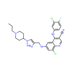 CCCN1CCC(n2cc(CNc3cc(Cl)c4ncc(C#N)c(Nc5ccc(F)c(Cl)c5)c4c3)nn2)CC1 ZINC000049881560