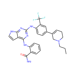 CCCN1CCC=C(c2ccc(Nc3nc(Nc4ccccc4C(N)=O)c4cc[nH]c4n3)c(C(F)(F)F)c2)C1 ZINC000044417572