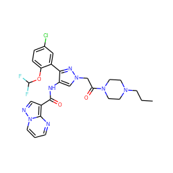 CCCN1CCN(C(=O)Cn2cc(NC(=O)c3cnn4cccnc34)c(-c3cc(Cl)ccc3OC(F)F)n2)CC1 ZINC001772618323