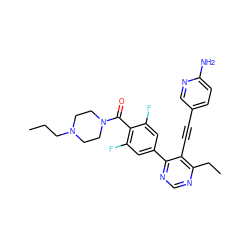 CCCN1CCN(C(=O)c2c(F)cc(-c3ncnc(CC)c3C#Cc3ccc(N)nc3)cc2F)CC1 ZINC000148647867