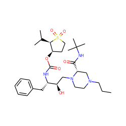 CCCN1CCN(C[C@@H](O)[C@H](Cc2ccccc2)NC(=O)O[C@@H]2CCS(=O)(=O)[C@@H]2C(C)C)[C@H](C(=O)NC(C)(C)C)C1 ZINC000023357710
