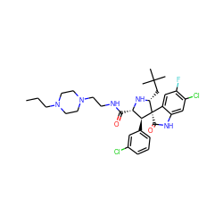 CCCN1CCN(CCNC(=O)[C@@H]2N[C@H](CC(C)(C)C)[C@]3(C(=O)Nc4cc(Cl)c(F)cc43)[C@H]2c2cccc(Cl)c2)CC1 ZINC000145766797