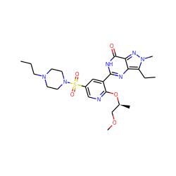 CCCN1CCN(S(=O)(=O)c2cnc(O[C@@H](C)COC)c(-c3nc4c(CC)n(C)nc4c(=O)[nH]3)c2)CC1 ZINC000040847985