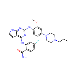 CCCN1CCN(c2ccc(Nc3nc(Nc4cc(F)ccc4C(N)=O)c4cc[nH]c4n3)c(OC)c2)CC1 ZINC000053287974