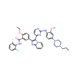 CCCN1CCN(c2ccc(Nc3nccc(-c4c(-c5ccc(OCC)c(C(=O)Nc6c(F)cccc6F)c5)nc5ccccn45)n3)c(OC)c2)CC1 ZINC000165069269