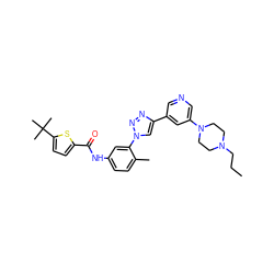 CCCN1CCN(c2cncc(-c3cn(-c4cc(NC(=O)c5ccc(C(C)(C)C)s5)ccc4C)nn3)c2)CC1 ZINC000199366504