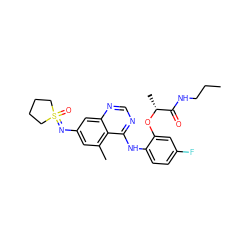 CCCNC(=O)[C@@H](C)Oc1cc(F)ccc1Nc1ncnc2cc(N=S3(=O)CCCC3)cc(C)c12 ZINC001772627736