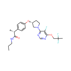 CCCNC(=O)[C@H](C)c1ccc(O[C@@H]2CCN(c3ncnc(OCC(C)(F)F)c3F)C2)cc1 ZINC001772628512