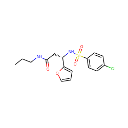 CCCNC(=O)C[C@H](NS(=O)(=O)c1ccc(Cl)cc1)c1ccco1 ZINC000002938578