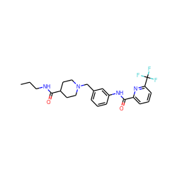 CCCNC(=O)C1CCN(Cc2cccc(NC(=O)c3cccc(C(F)(F)F)n3)c2)CC1 ZINC000210613943