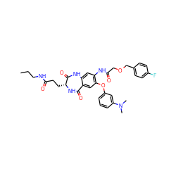 CCCNC(=O)CC[C@H]1NC(=O)c2cc(Oc3cccc(N(C)C)c3)c(NC(=O)COCc3ccc(F)cc3)cc2NC1=O ZINC001772645775