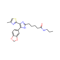 CCCNC(=O)CCCCc1nc(-c2nc(C)cs2)c(-c2ccc3c(c2)OCO3)[nH]1 ZINC000073294498