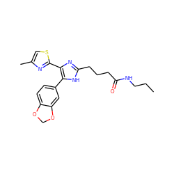 CCCNC(=O)CCCc1nc(-c2nc(C)cs2)c(-c2ccc3c(c2)OCO3)[nH]1 ZINC000073294494