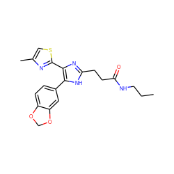 CCCNC(=O)CCc1nc(-c2nc(C)cs2)c(-c2ccc3c(c2)OCO3)[nH]1 ZINC000073294491