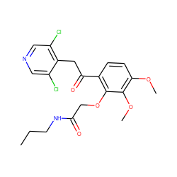 CCCNC(=O)COc1c(C(=O)Cc2c(Cl)cncc2Cl)ccc(OC)c1OC ZINC000114778429