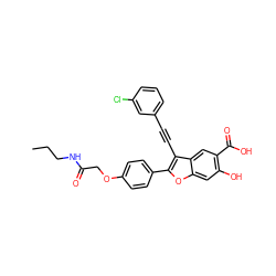 CCCNC(=O)COc1ccc(-c2oc3cc(O)c(C(=O)O)cc3c2C#Cc2cccc(Cl)c2)cc1 ZINC000096272268