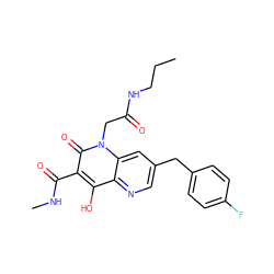 CCCNC(=O)Cn1c(=O)c(C(=O)NC)c(O)c2ncc(Cc3ccc(F)cc3)cc21 ZINC000150197804