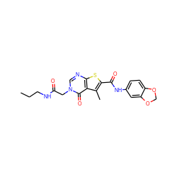 CCCNC(=O)Cn1cnc2sc(C(=O)Nc3ccc4c(c3)OCO4)c(C)c2c1=O ZINC000002937432