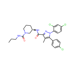 CCCNC(=O)N1CCC[C@@H](NC(=O)c2nn(-c3ccc(Cl)cc3Cl)c(-c3ccc(Cl)cc3)c2C)C1 ZINC000084654020