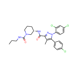 CCCNC(=O)N1CCC[C@H](NC(=O)c2nn(-c3ccc(Cl)cc3Cl)c(-c3ccc(Cl)cc3)c2C)C1 ZINC000084652565