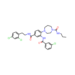 CCCNC(=O)N1CCCN(c2ccc(C(=O)NCCc3ccc(Cl)cc3Cl)cc2NC(=O)c2cccc(Cl)c2)CC1 ZINC000028566222