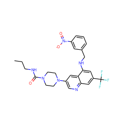 CCCNC(=O)N1CCN(c2cnc3cc(C(F)(F)F)cc(NCc4cccc([N+](=O)[O-])c4)c3c2)CC1 ZINC000169328725