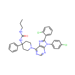 CCCNC(=O)NC1(c2ccccc2)CCN(c2ncnc3c2nc(-c2ccccc2Cl)n3-c2ccc(Cl)cc2)CC1 ZINC000095579734