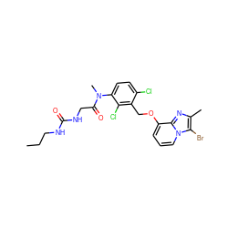 CCCNC(=O)NCC(=O)N(C)c1ccc(Cl)c(COc2cccn3c(Br)c(C)nc23)c1Cl ZINC000001886833