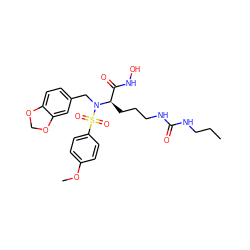 CCCNC(=O)NCCC[C@H](C(=O)NO)N(Cc1ccc2c(c1)OCO2)S(=O)(=O)c1ccc(OC)cc1 ZINC000026183258