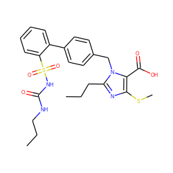 CCCNC(=O)NS(=O)(=O)c1ccccc1-c1ccc(Cn2c(CCC)nc(SC)c2C(=O)O)cc1 ZINC000026167823