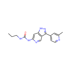 CCCNC(=O)Nc1cc2[nH]nc(-c3ccnc(C)c3)c2cn1 ZINC000261084859