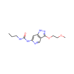 CCCNC(=O)Nc1cc2[nH]nc(OCCOC)c2cn1 ZINC000209374240