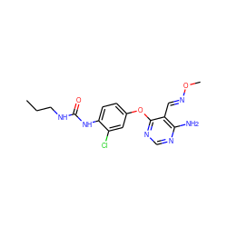 CCCNC(=O)Nc1ccc(Oc2ncnc(N)c2/C=N/OC)cc1Cl ZINC000066167131