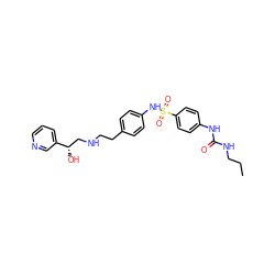 CCCNC(=O)Nc1ccc(S(=O)(=O)Nc2ccc(CCNC[C@H](O)c3cccnc3)cc2)cc1 ZINC000026836635