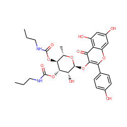 CCCNC(=O)O[C@H]1[C@H](C)O[C@@H](Oc2c(-c3ccc(O)cc3)oc3cc(O)cc(O)c3c2=O)[C@H](O)[C@@H]1OC(=O)NCCC ZINC000084632331