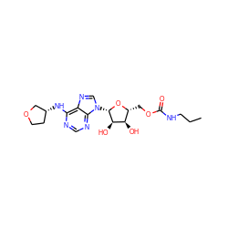 CCCNC(=O)OC[C@H]1O[C@@H](n2cnc3c(N[C@@H]4CCOC4)ncnc32)[C@H](O)[C@@H]1O ZINC000013589079