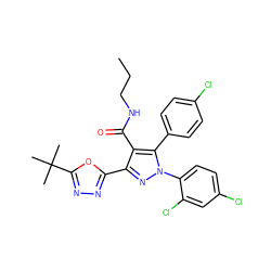 CCCNC(=O)c1c(-c2nnc(C(C)(C)C)o2)nn(-c2ccc(Cl)cc2Cl)c1-c1ccc(Cl)cc1 ZINC000042890492