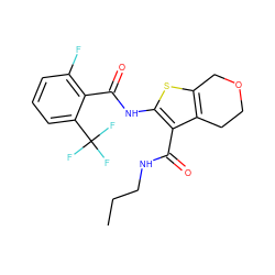 CCCNC(=O)c1c(NC(=O)c2c(F)cccc2C(F)(F)F)sc2c1CCOC2 ZINC000084615790