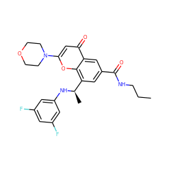 CCCNC(=O)c1cc([C@@H](C)Nc2cc(F)cc(F)c2)c2oc(N3CCOCC3)cc(=O)c2c1 ZINC000116734582