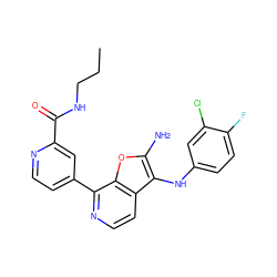 CCCNC(=O)c1cc(-c2nccc3c(Nc4ccc(F)c(Cl)c4)c(N)oc23)ccn1 ZINC000222827593